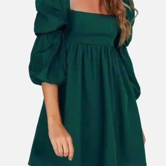 Exlura Womens Square Neck Dress Long Puff Sleeve A-Line Casual Short Mini Dresses, Dark Green-S